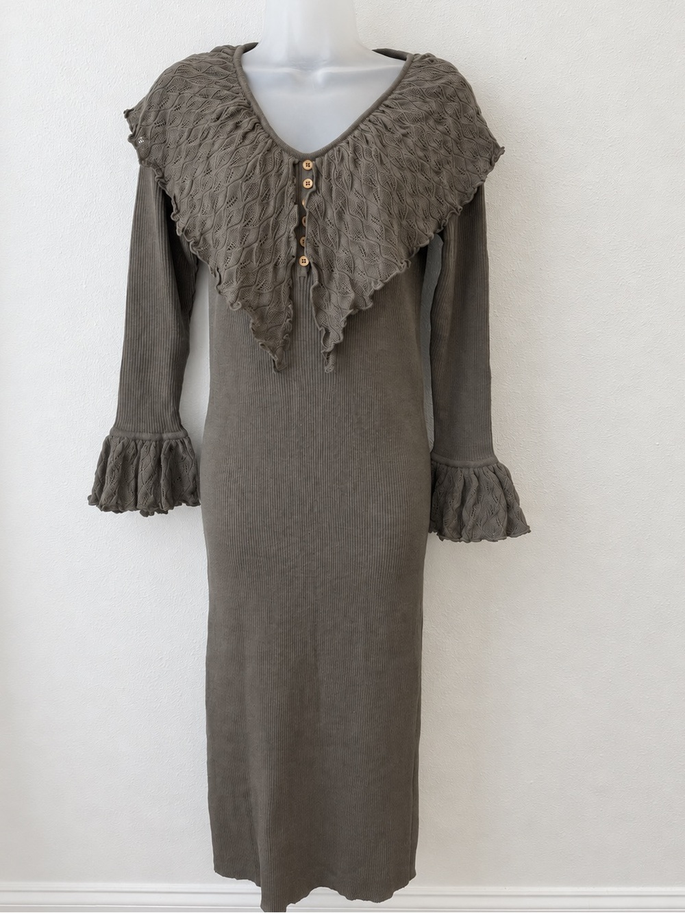 Andrea Jovine Taupe Long Sleeve Knit Midi Dress with Textured Shawl Collar